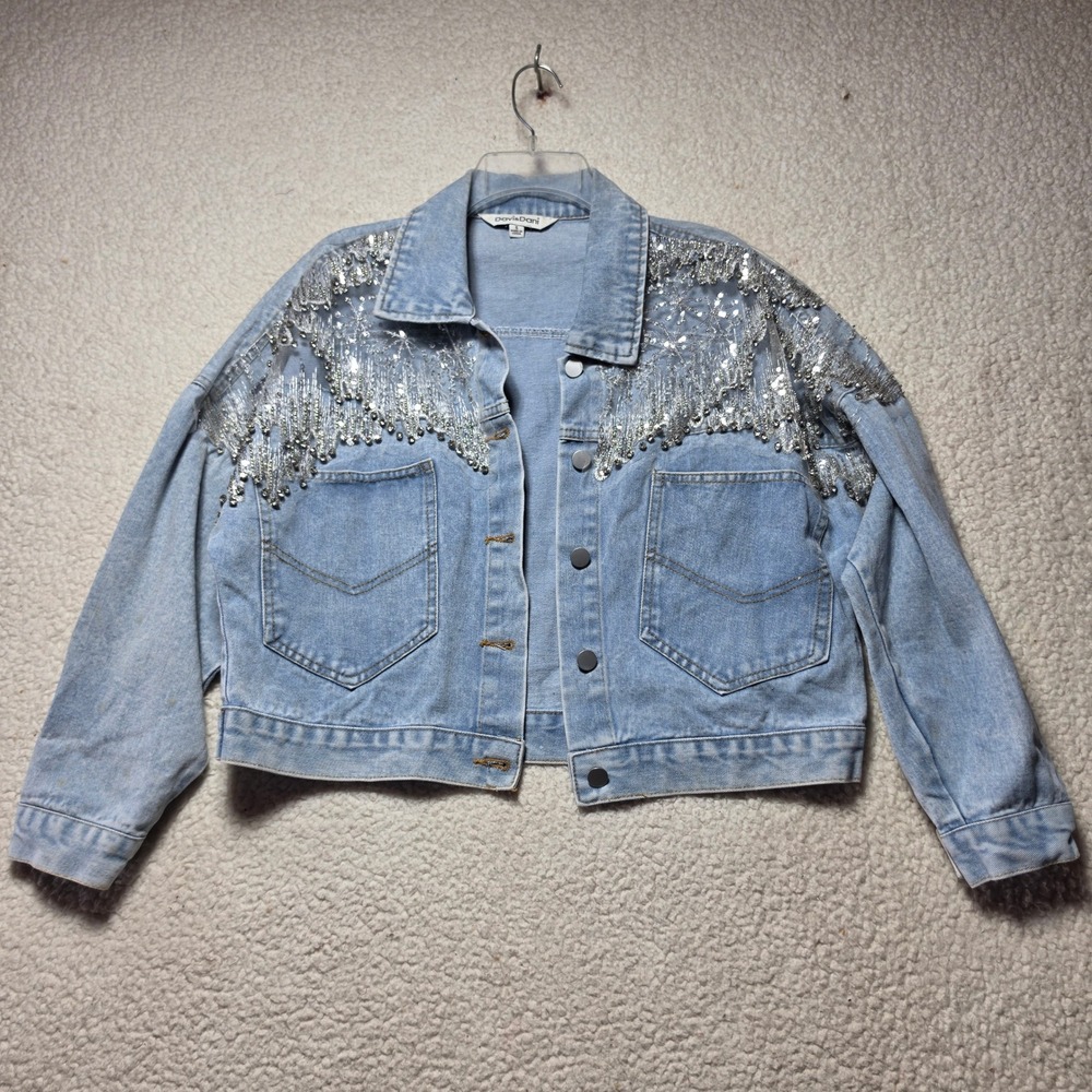 Davi & Dani Women Light Wash Embellished Sequin Bead Denim Jacket DJ30505 Small